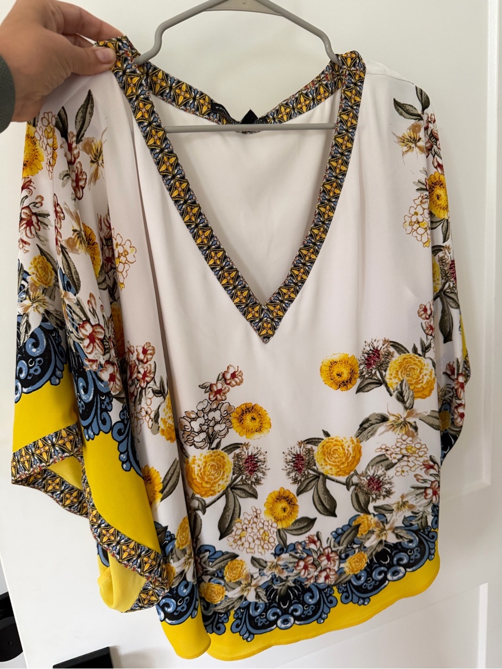 White House Black Market Yellow Floral V-Neck Blouse with Blue Trim